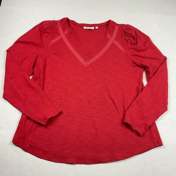 Chico’s Red Studded V-Neck Long Sleeve Top Medium Glam Rock Y2K Casual Shirt - Picture 1 of 10